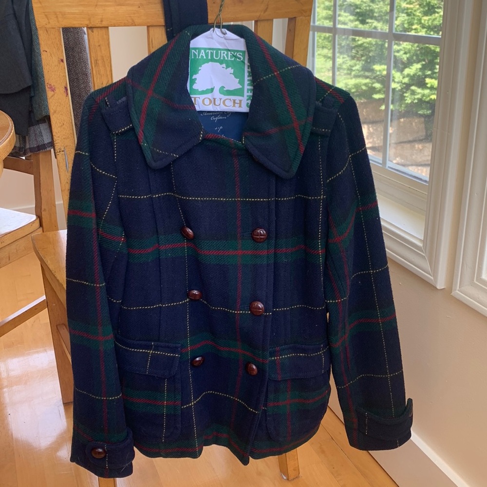 Belted plaid pea coat